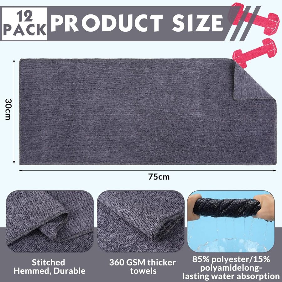 12 Pcs  Workout Gym Towels, 360 GSM 12 x 30 Inch Gentle and Fast Drying Absorbent Towels for Men Women Yoga Travel Sports(Gray) - Image 2