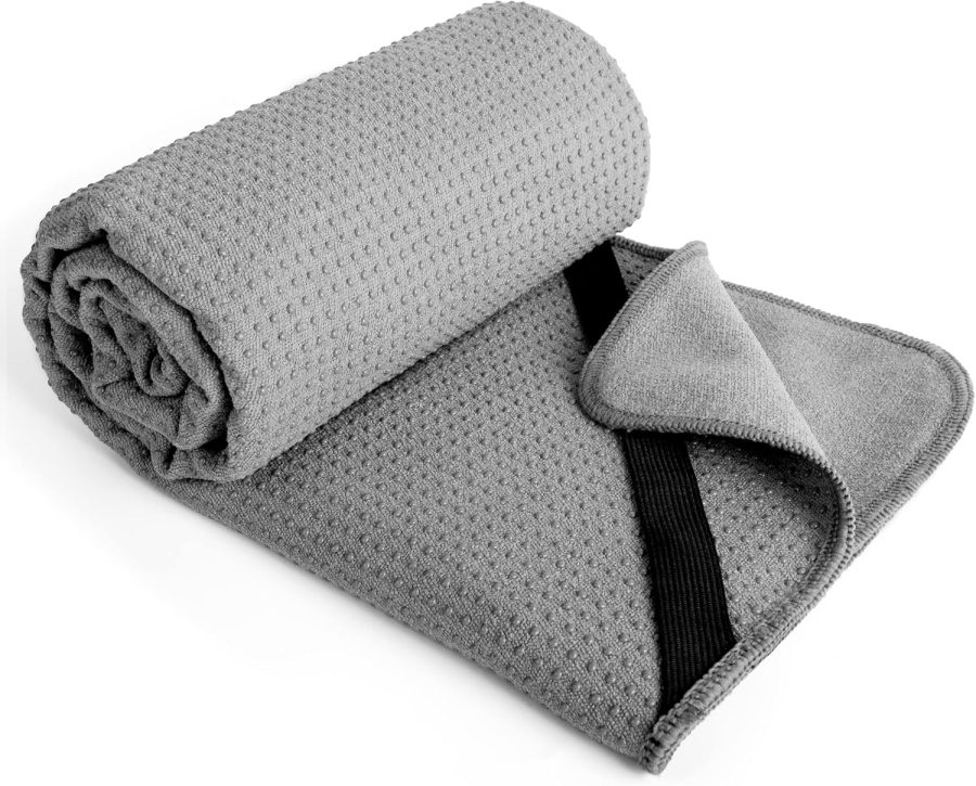 Hot Yoga Towel Mat with Non-Slip Silicone Grip and Secure Fit Elastic Straps, 24 x 72 in (Gray)