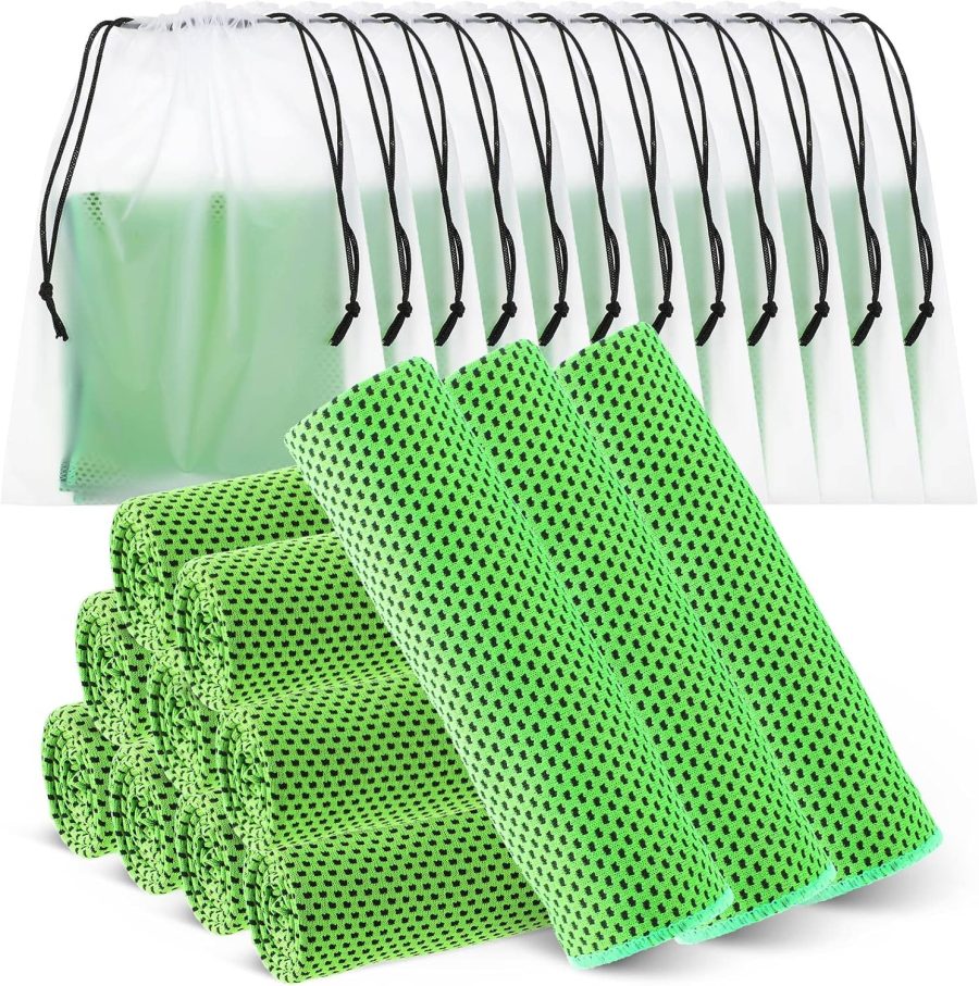 12 Pcs Cooling Towels for Face and Neck 12 x 40 Inch Workout Towels for Gym Fast Drying Hot Weather Sweat Rag Cold Cooling Cloth with 12 Bags Athletes Sport Yoga Golf(Green)