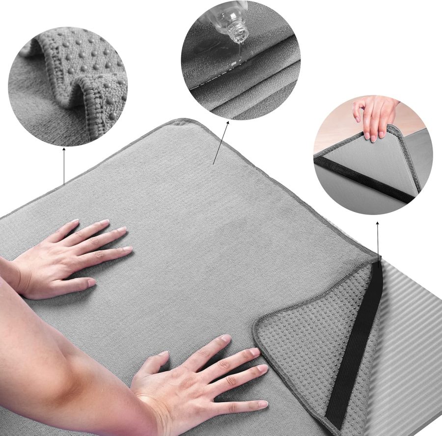 Hot Yoga Towel Mat with Non-Slip Silicone Grip and Secure Fit Elastic Straps, 24 x 72 in (Gray) - Image 2